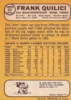 1968 Topps #557 Frank Quilici Back