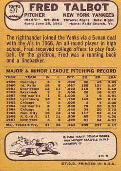 1968 Topps #577 Fred Talbot Back