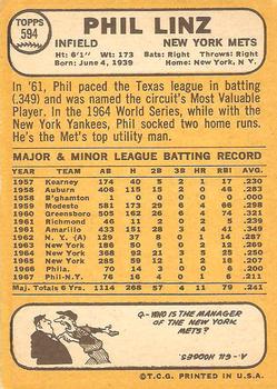 1968 Topps #594 Phil Linz Back