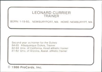 1986 ProCards Albuquerque Dukes #4 Lenny Currier Back