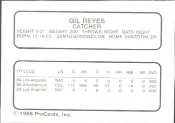 1986 ProCards Albuquerque Dukes #20 Gil Reyes Back