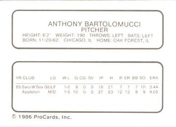 1986 ProCards Appleton Foxes #NNO Tony Bartolomucci Back
