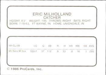 1986 ProCards Appleton Foxes #NNO Eric Milholland Back