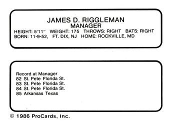 1986 ProCards Arkansas Travelers #19 Jim Riggleman Back