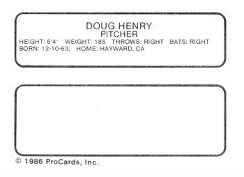 1986 ProCards Beloit Brewers #10 Doug Henry Back