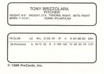1986 ProCards Buffalo Bisons #NNO Tony Brizzolara Back