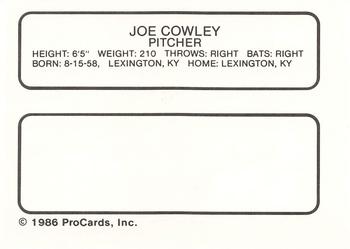 1986 ProCards Buffalo Bisons #NNO Joe Cowley Back