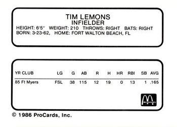1986 ProCards Burlington Expos #14 Tim Lemons Back