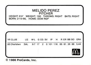 1986 ProCards Burlington Expos #17 Melido Perez Back