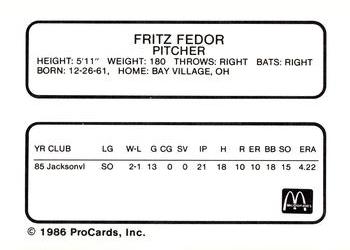 1986 ProCards Burlington Expos #7 Fritz Fedor Back