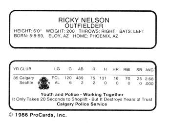 1986 ProCards Calgary Cannons #18 Ricky Nelson Back