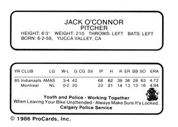 1986 ProCards Calgary Cannons #20 Jack O'Connor Back