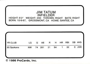 1986 ProCards Charleston Rainbows #25 Jim Tatum Back