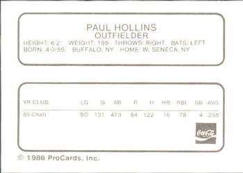 1986 ProCards Chattanooga Lookouts #13 Paul Hollins Back