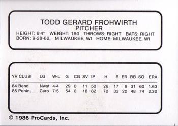 1986 ProCards Clearwater Phillies #9 Todd Frohwirth Back