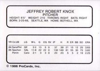 1986 ProCards Clearwater Phillies #14 Jeff Knox Back