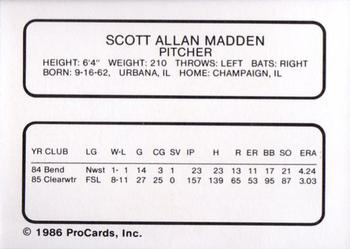 1986 ProCards Clearwater Phillies #16 Scott Madden Back