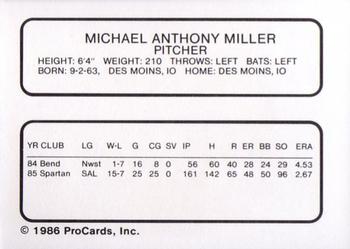 1986 ProCards Clearwater Phillies #17 Mike Miller Back