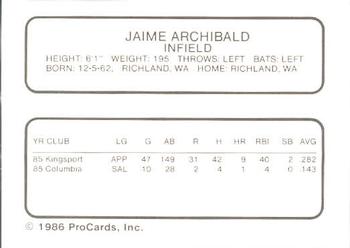 1986 ProCards Columbia Mets #2 Jaime Archibald Back