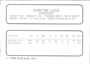 1986 ProCards Columbia Mets #8 Kurt DeLuca Back
