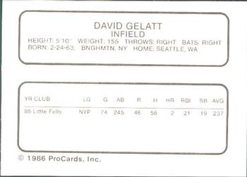 1986 ProCards Columbia Mets #10 Dave Gelatt Back