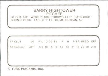 1986 ProCards Columbia Mets #13 Barry Hightower Back