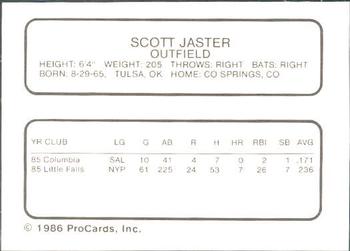 1986 ProCards Columbia Mets #15 Scott Jaster Back