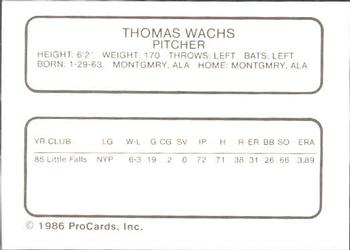 1986 ProCards Columbia Mets #26 Thomas Wachs Back