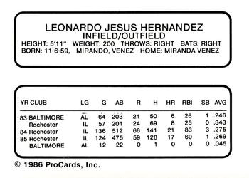 1986 ProCards Columbus Clippers #11 Leo Hernandez Back