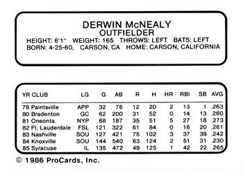 1986 ProCards Columbus Clippers #16 Derwin McNealy Back