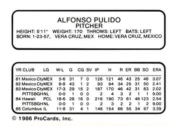 1986 ProCards Columbus Clippers #20 Alfonso Pulido Back