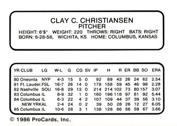 1986 ProCards Columbus Clippers #3 Clay Christiansen Back