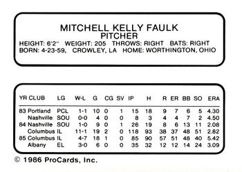 1986 ProCards Columbus Clippers #8 Kelly Faulk Back