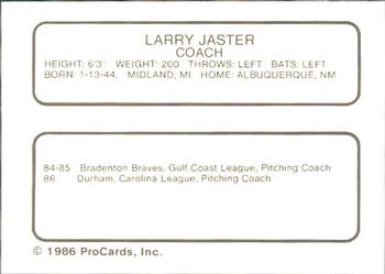 1986 ProCards Durham Bulls #14 Larry Jaster Back