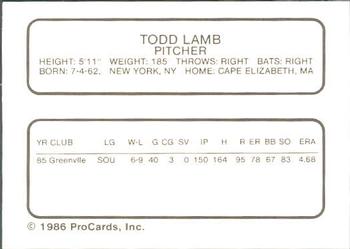 1986 ProCards Durham Bulls #17 Todd Lamb Back