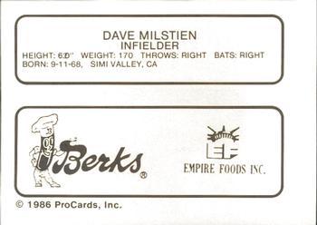 1986 ProCards Elmira Pioneers #12 Dave Milstien Back