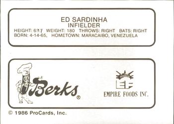 1986 ProCards Elmira Pioneers #19 Ed Sardinha Back