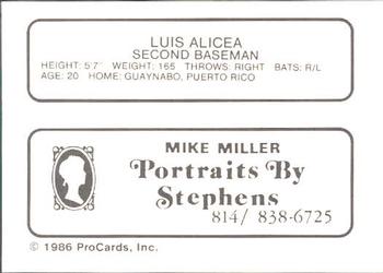 1986 ProCards Erie Cardinals #NNO Luis Alicea Back