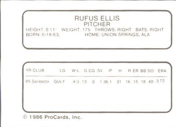 1986 ProCards Florida State League All-Stars #12 Rufus Ellis Back