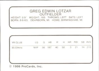 1986 ProCards Florida State League All-Stars #33 Greg Lotzar Back