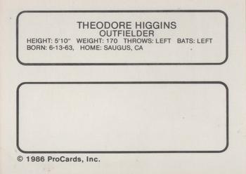 1986 ProCards Ft. Lauderdale Yankees #NNO Theodore Higgins Back