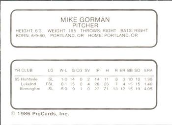 1986 ProCards Glens Falls Tigers #7 Mike Gorman Back