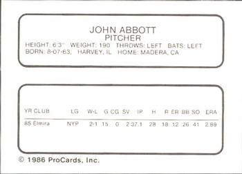 1986 ProCards Greensboro Hornets #1 John Abbott Back