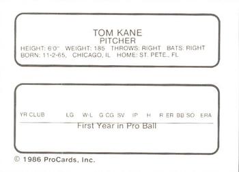 1986 ProCards Greensboro Hornets #12 Tom Kane Back