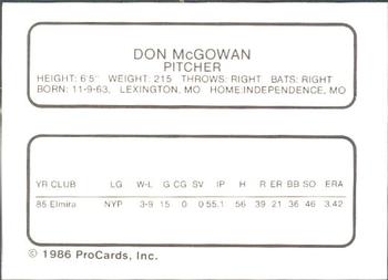 1986 ProCards Greensboro Hornets #14 Don McGowan Back