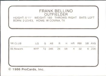 1986 ProCards Hagerstown Suns #2 Frank Bellino Back