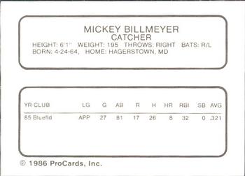 1986 ProCards Hagerstown Suns #3 Mickey Billmeyer Back
