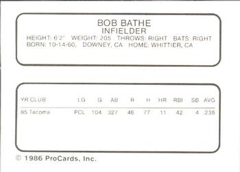 1986 ProCards Iowa Cubs #2 Bob Bathe Back