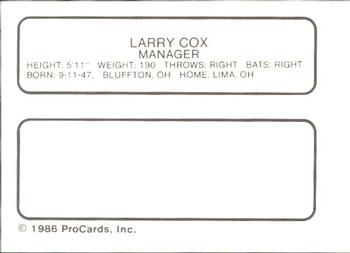 1986 ProCards Iowa Cubs #9 Larry Cox Back