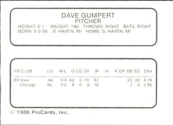 1986 ProCards Iowa Cubs #13 Dave Gumpert Back